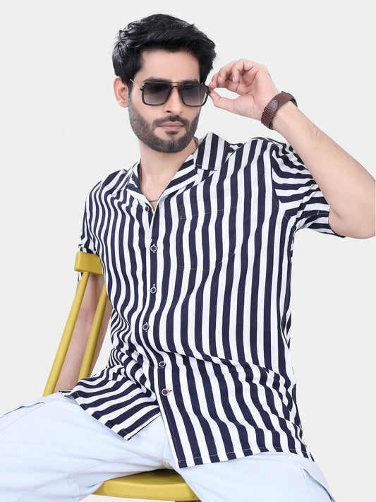 Navy And White Striped Resort Collar Oversized Shirt
