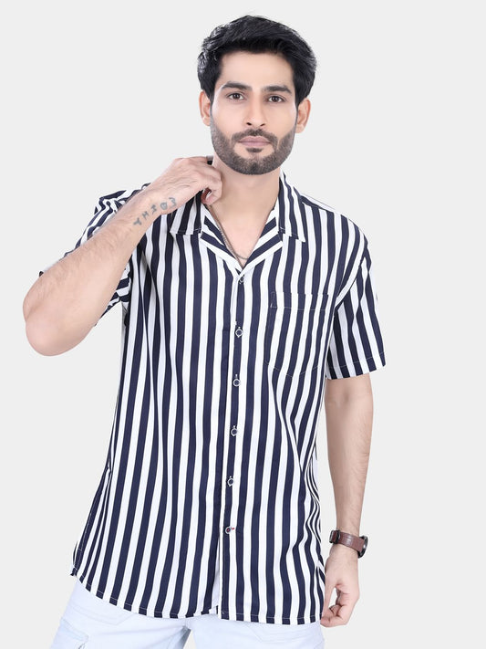 Navy And White Striped Resort Collar Oversized Shirt