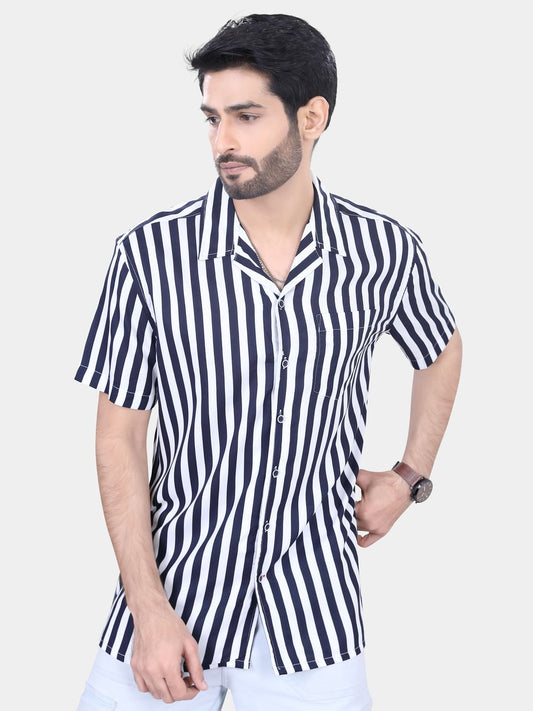Navy And White Striped Resort Collar Oversized Shirt