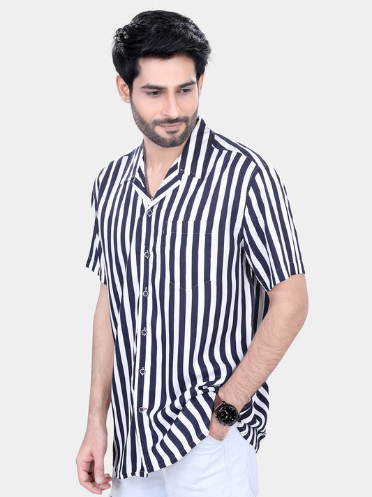 Navy And White Striped Resort Collar Oversized Shirt