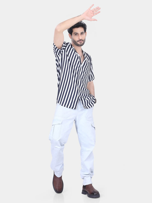 Navy And White Striped Resort Collar Oversized Shirt