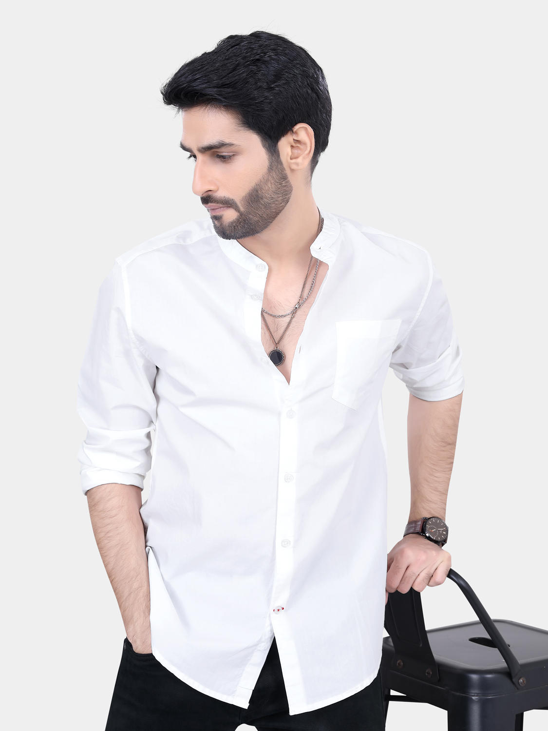 Mandarin Collar White Solid Shirt