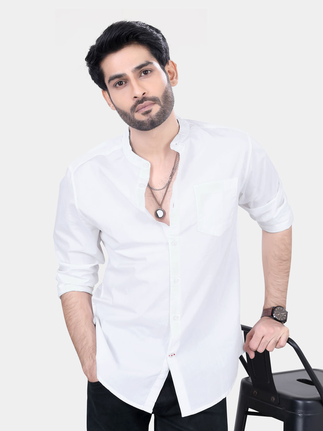 Mandarin Collar White Solid Shirt
