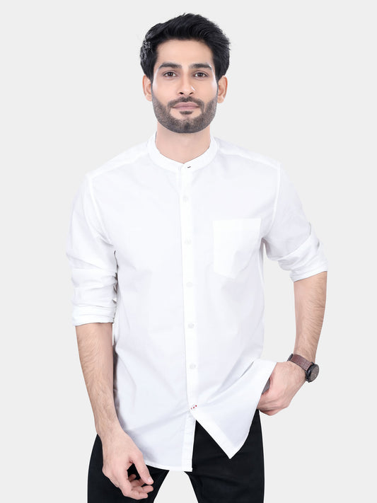 Mandarin Collar White Solid Shirt