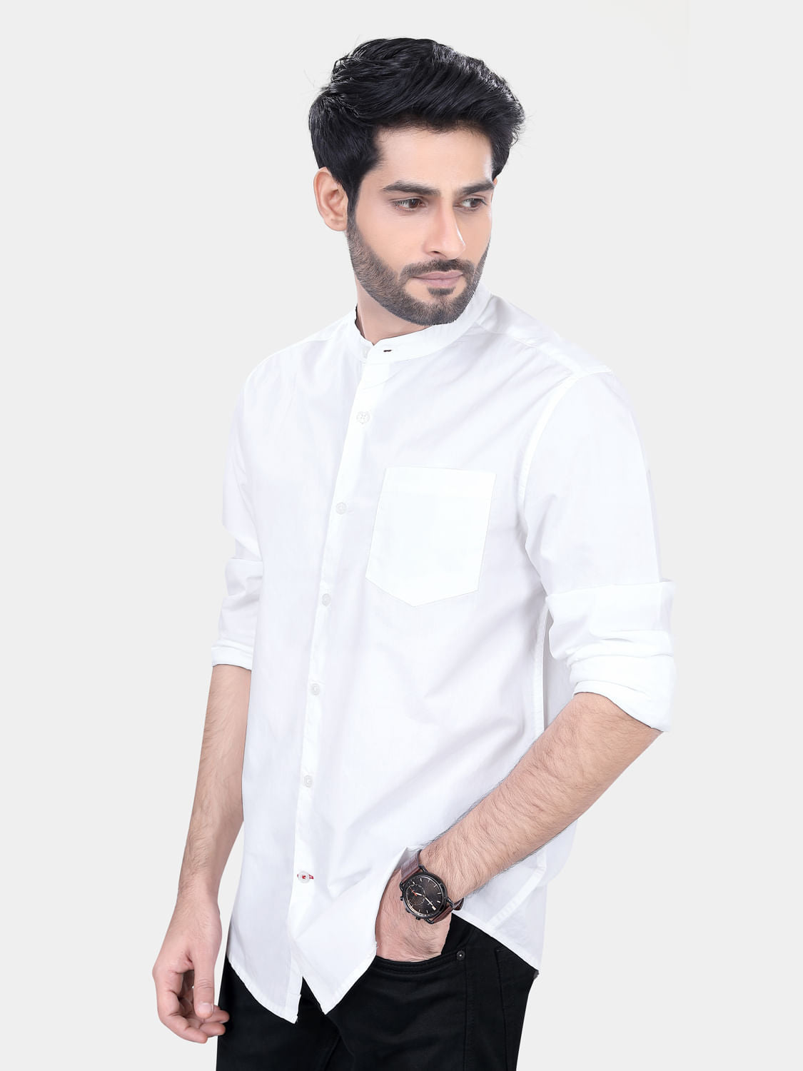 Mandarin Collar White Solid Shirt