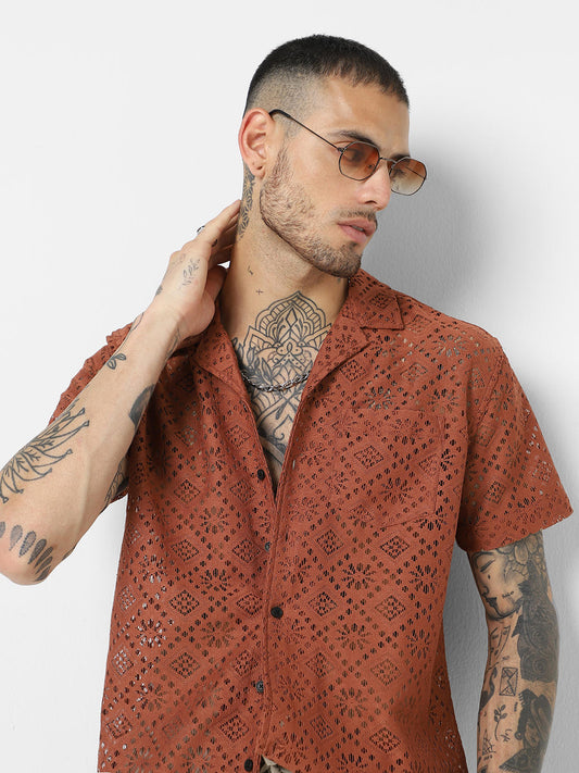 Coffee Brown Oversized Crochet Shirt