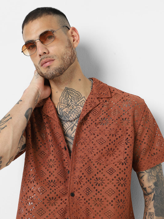 Coffee Brown Oversized Crochet Shirt