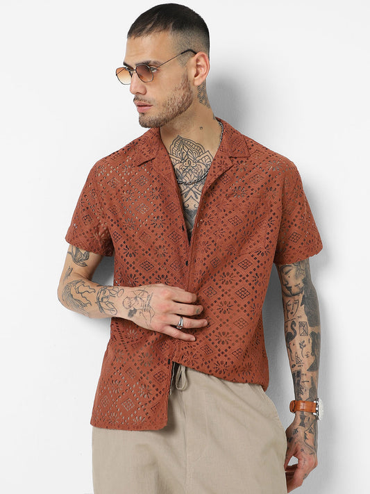 Coffee Brown Oversized Crochet Shirt