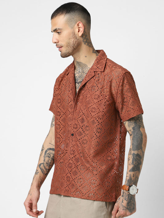 Coffee Brown Oversized Crochet Shirt