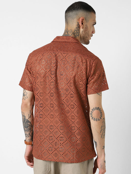 Coffee Brown Oversized Crochet Shirt