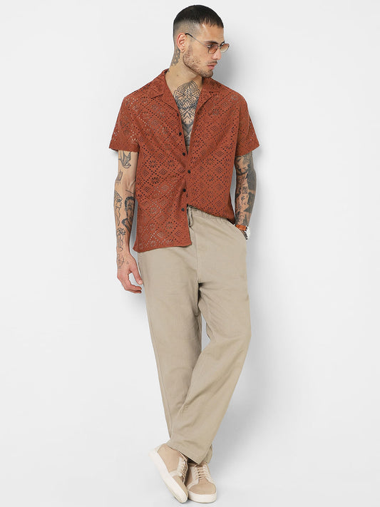 Coffee Brown Oversized Crochet Shirt