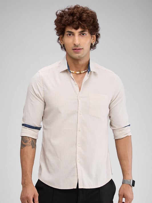 Beige Checked Seersucker Shirt