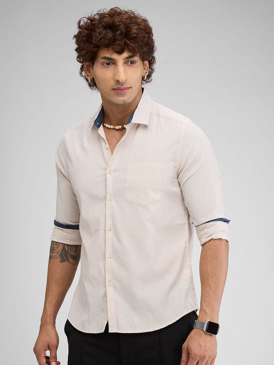 Beige Checked Seersucker Shirt