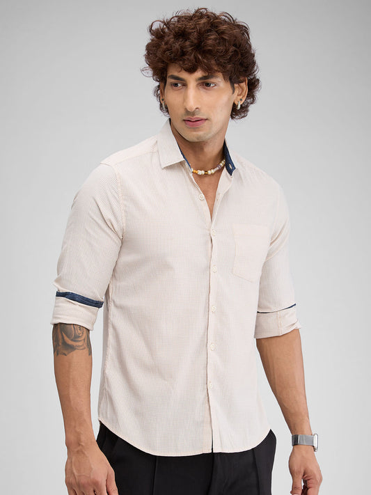Beige Checked Seersucker Shirt