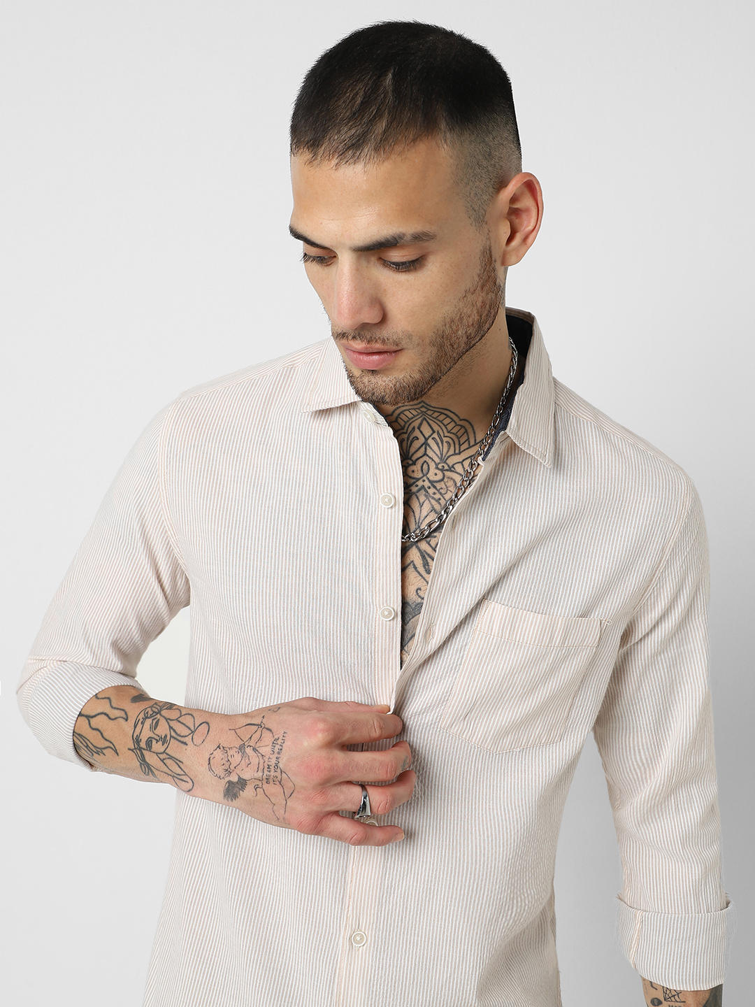 Beige Striped Seersucker Shirt