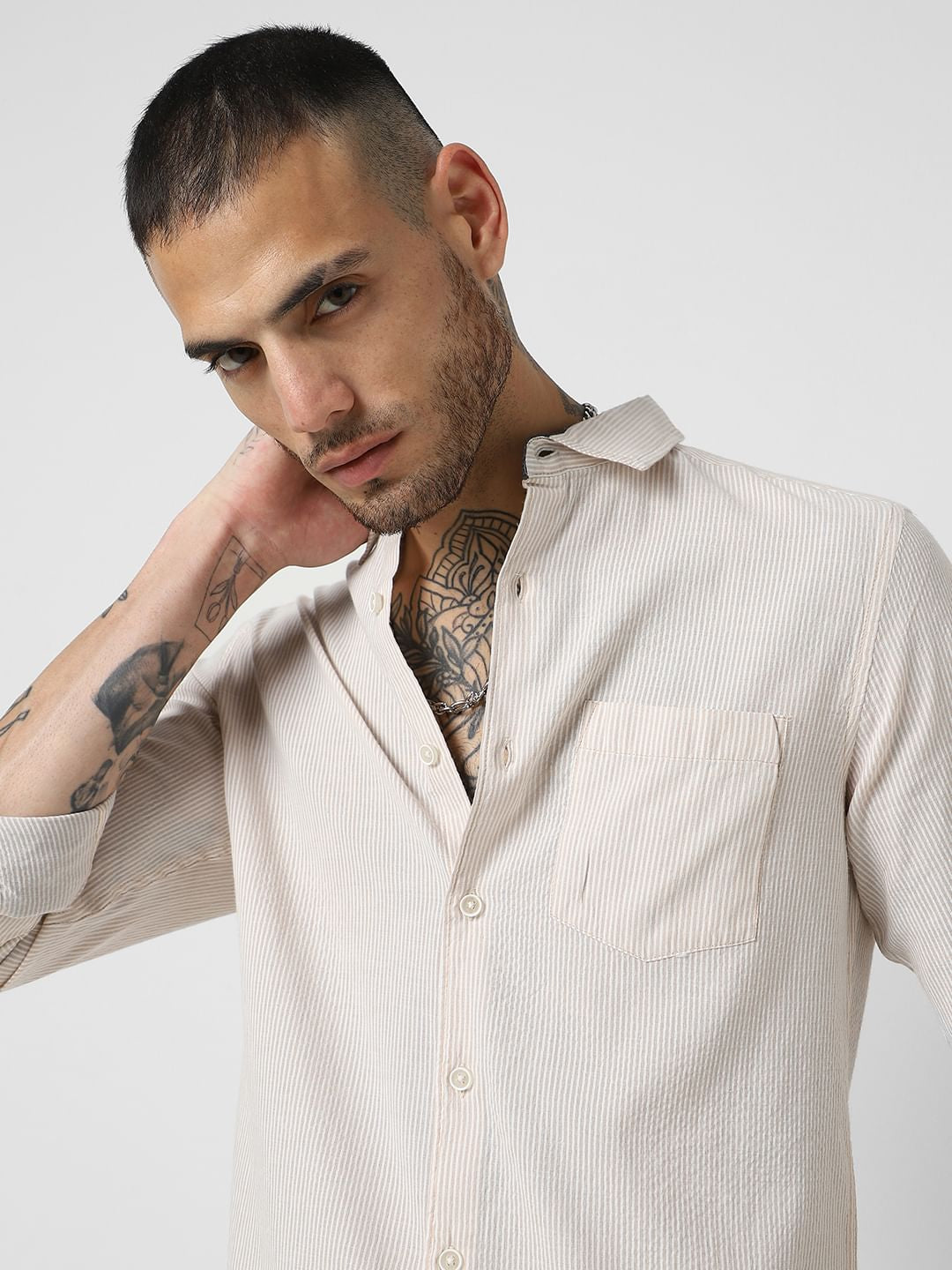 Beige Striped Seersucker Shirt