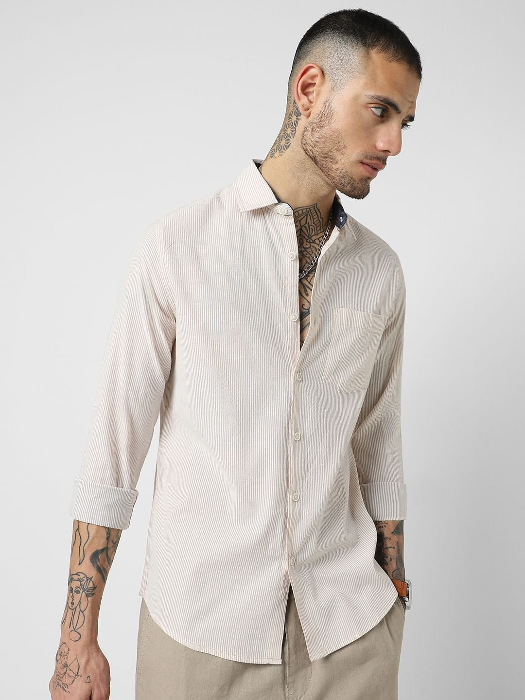 Beige Striped Seersucker Shirt