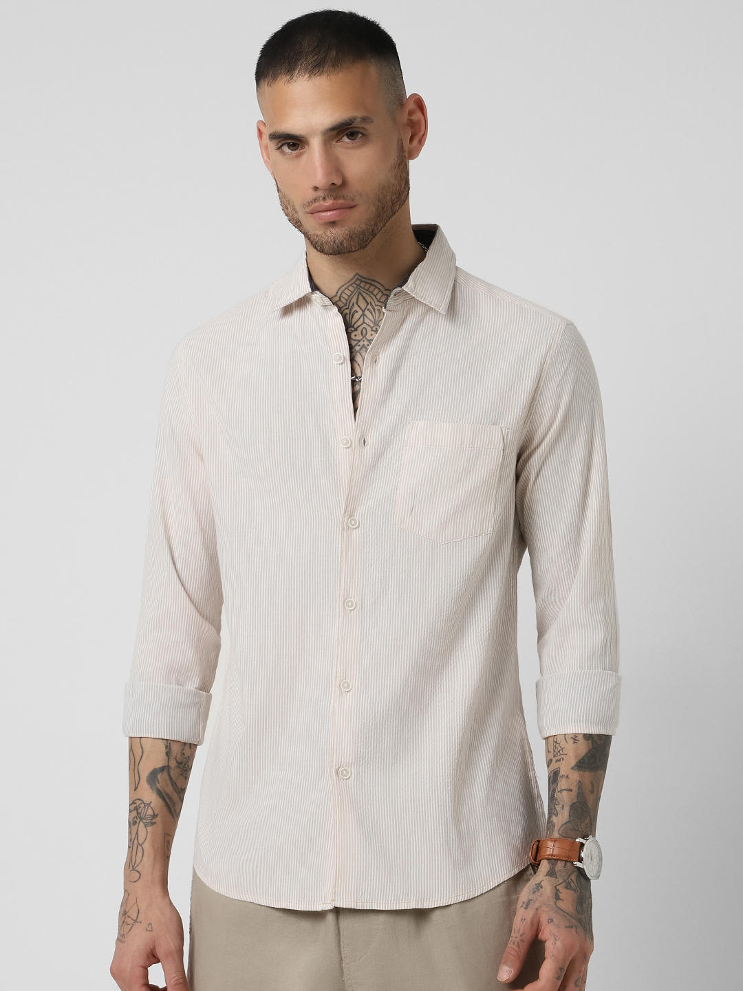 Beige Striped Seersucker Shirt