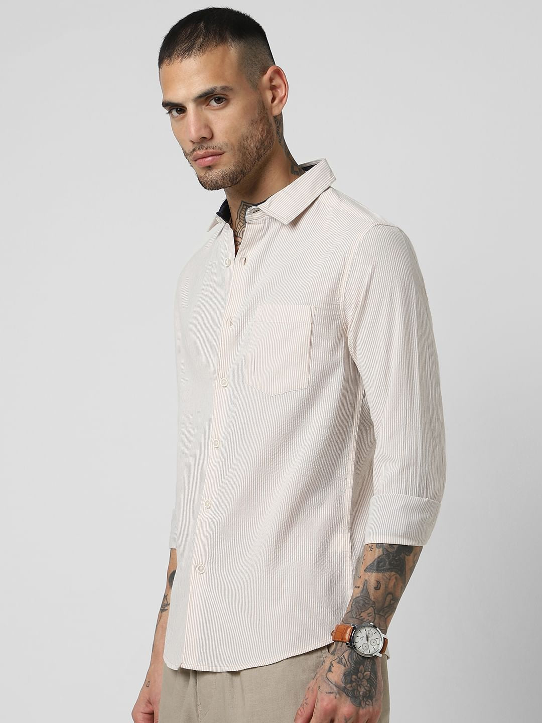 Beige Striped Seersucker Shirt