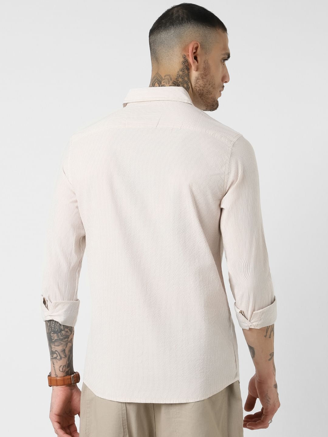 Beige Striped Seersucker Shirt