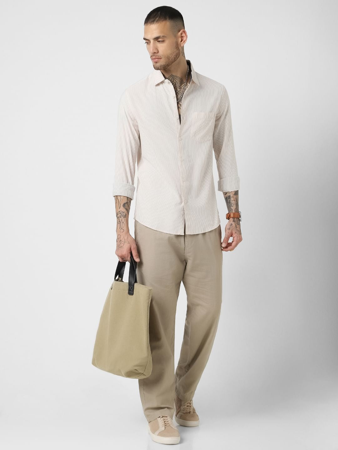 Beige Striped Seersucker Shirt