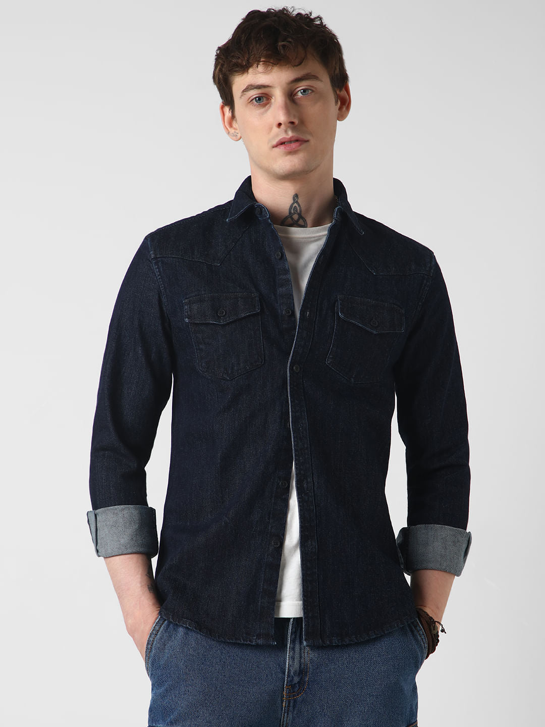 Elegant Denim Double Pocket Overshirt