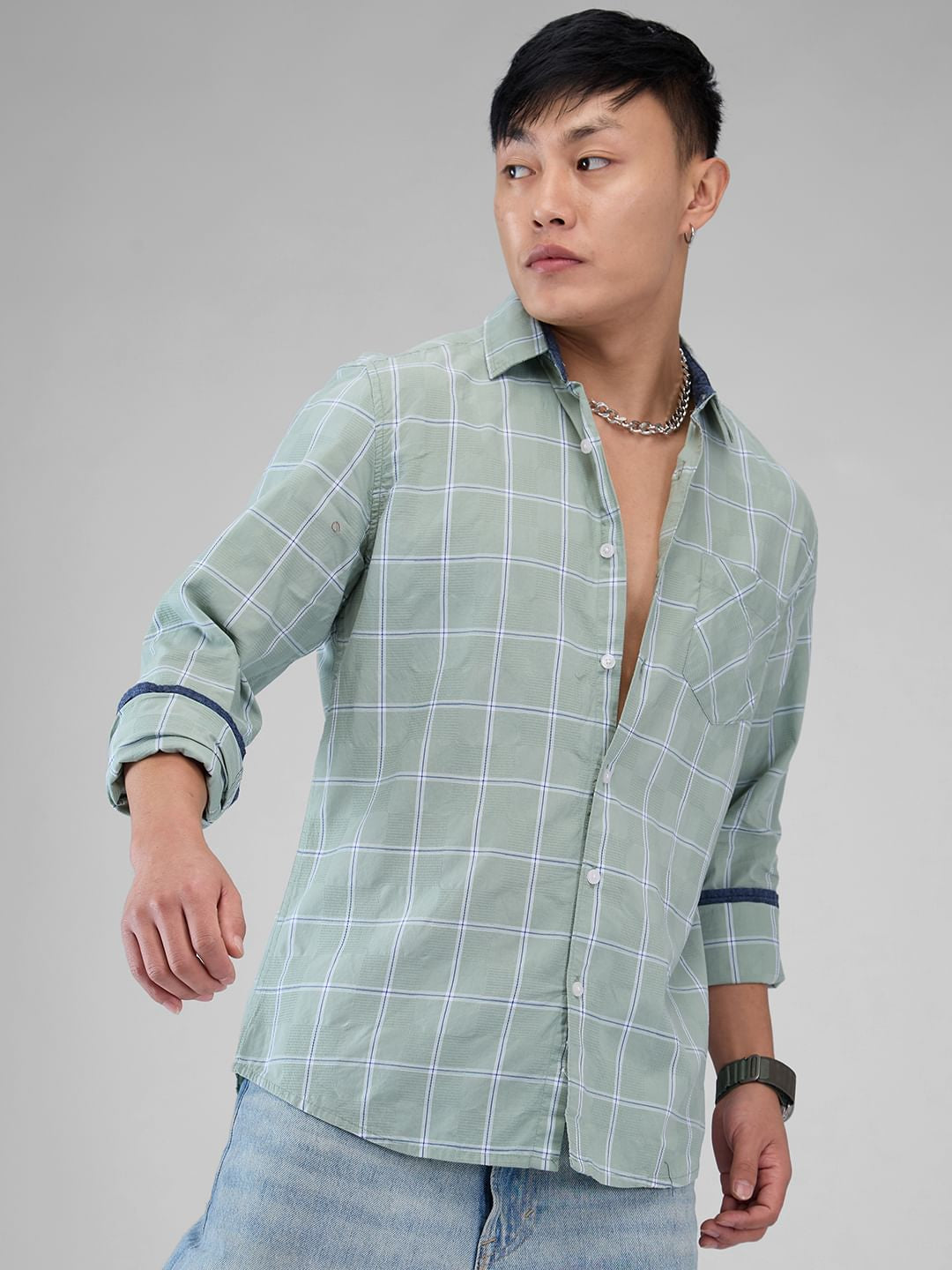 Sage Green Dobby Checkered Shirt