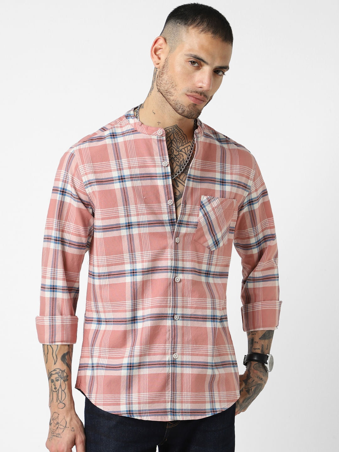 Soft Peach Tartan Checked Shirt