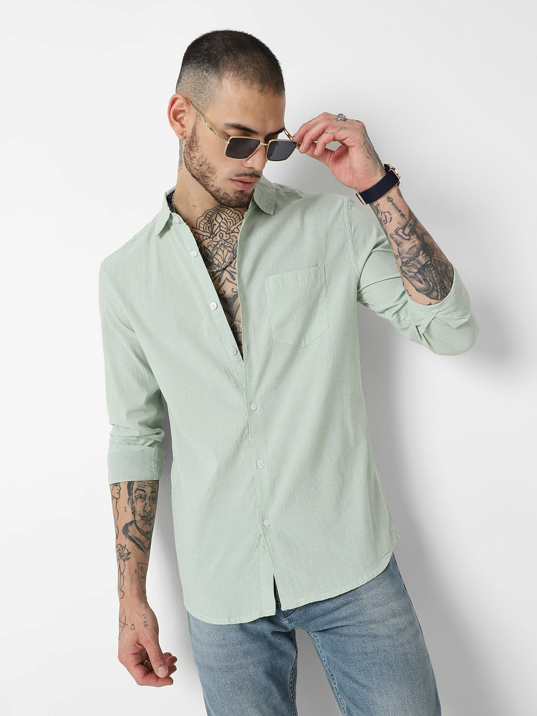 Mint Green Tiny Checkered Seersucker Shirt