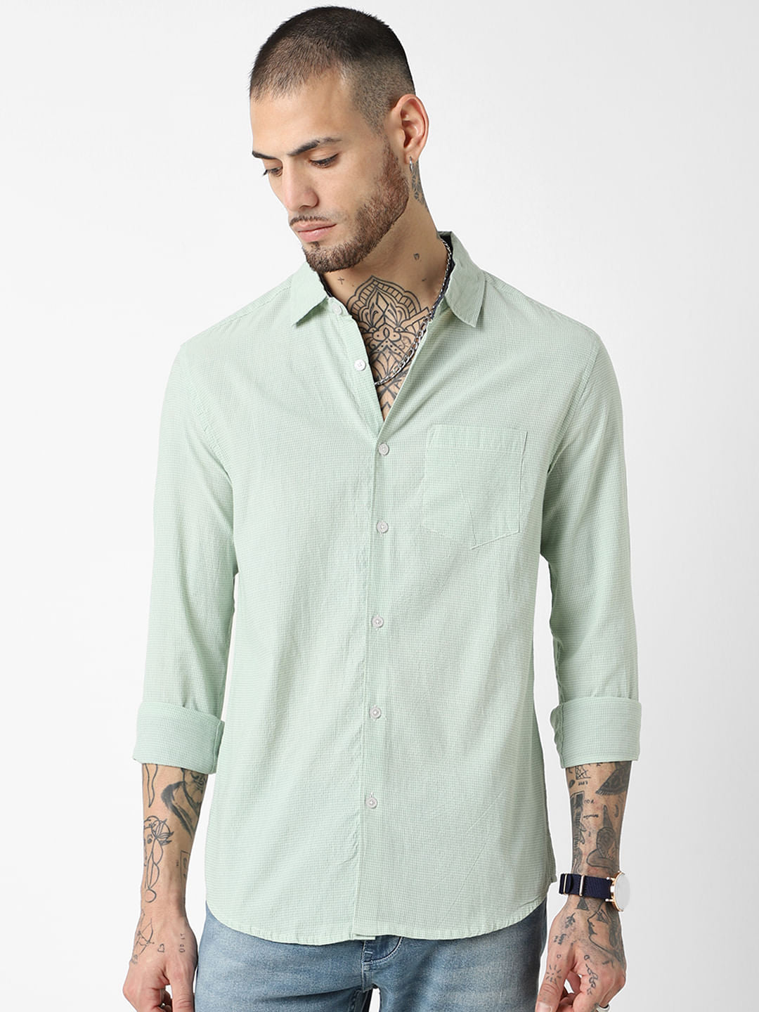 Mint Green Tiny Checkered Seersucker Shirt