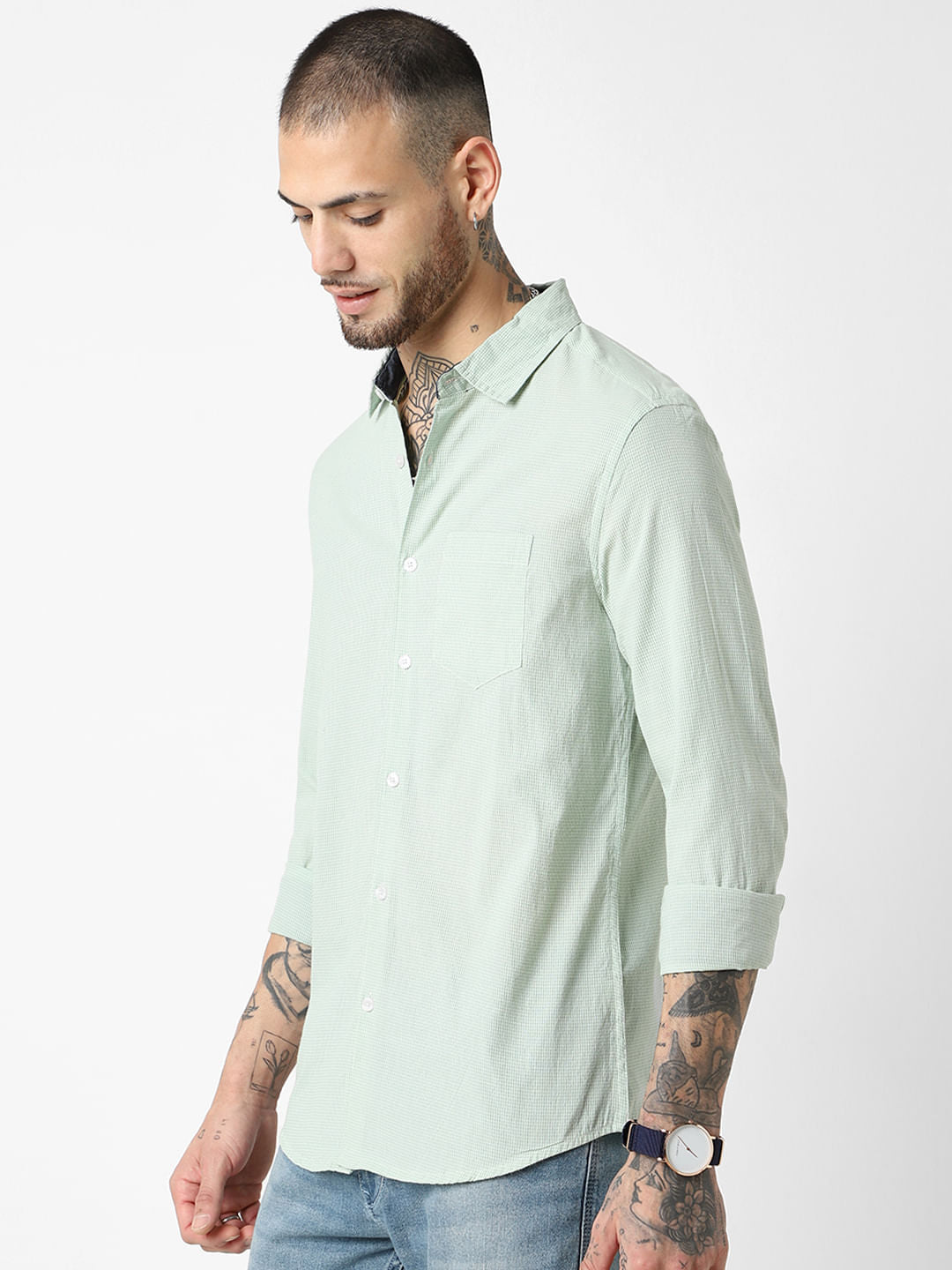 Mint Green Tiny Checkered Seersucker Shirt