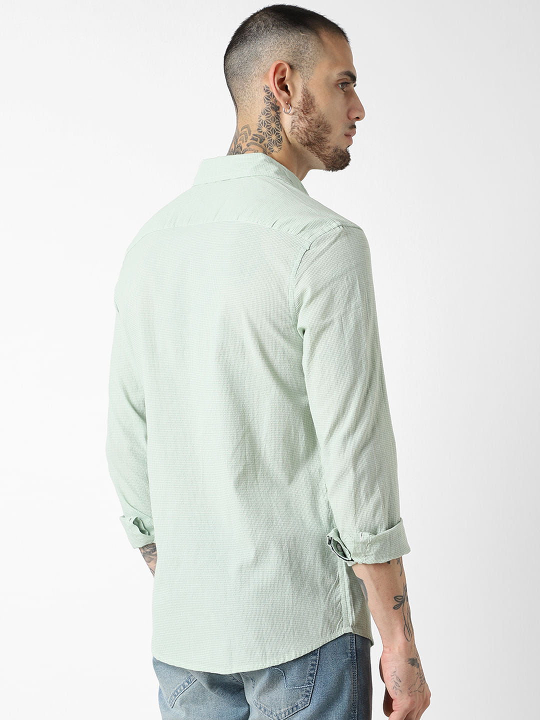 Mint Green Tiny Checkered Seersucker Shirt