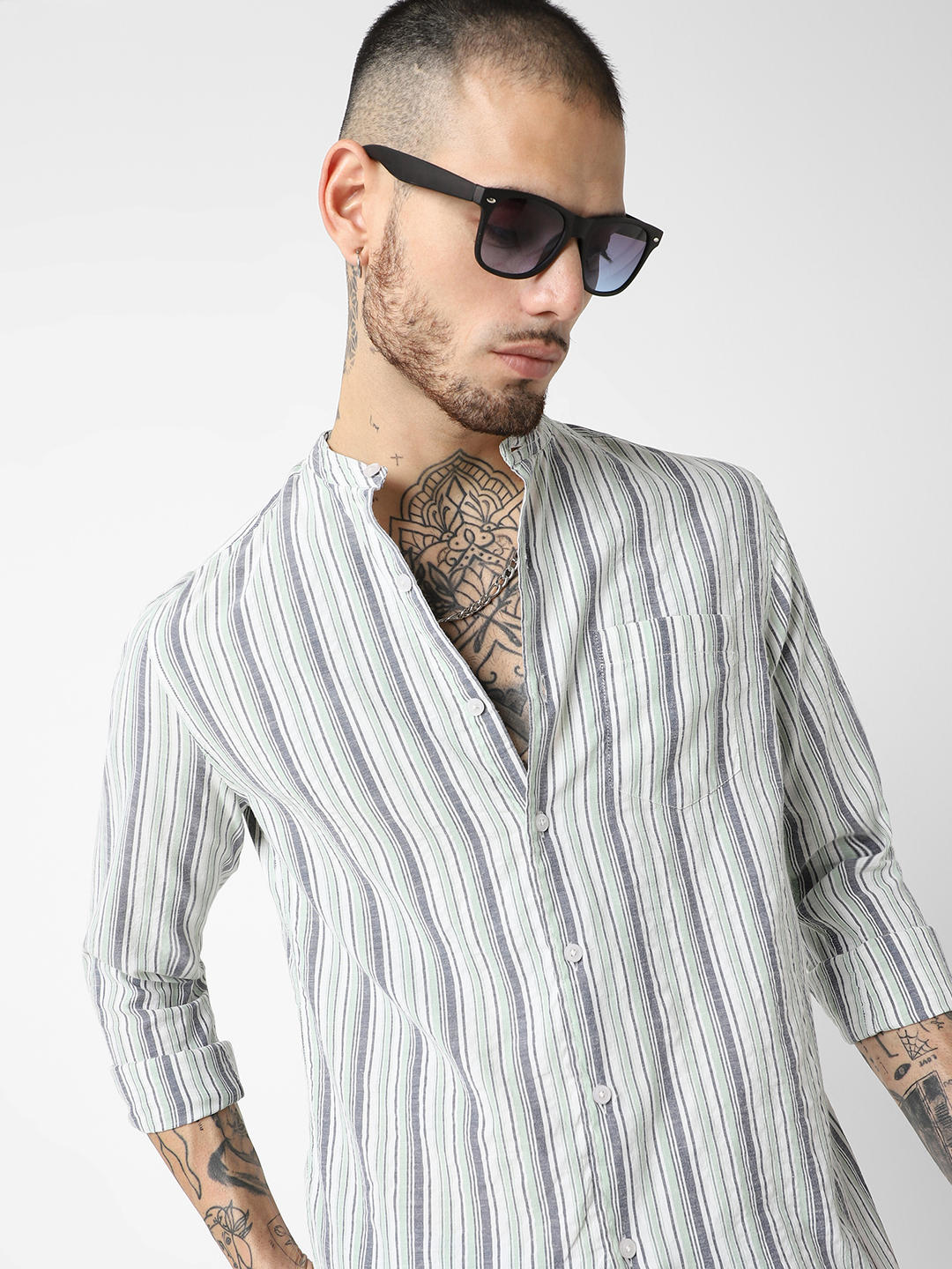 Green Striped Mandarin Collar Shirt