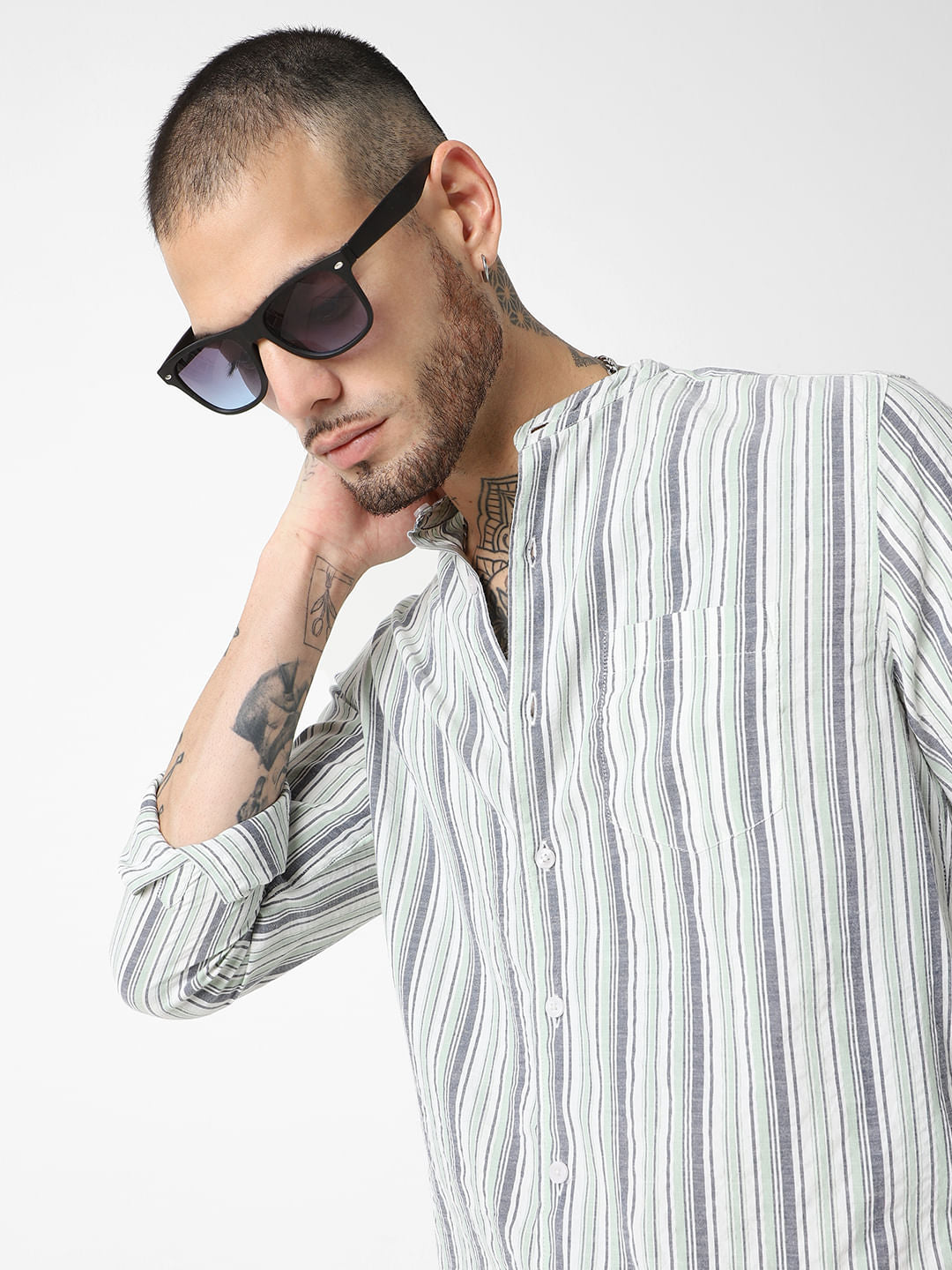 Green Striped Mandarin Collar Shirt