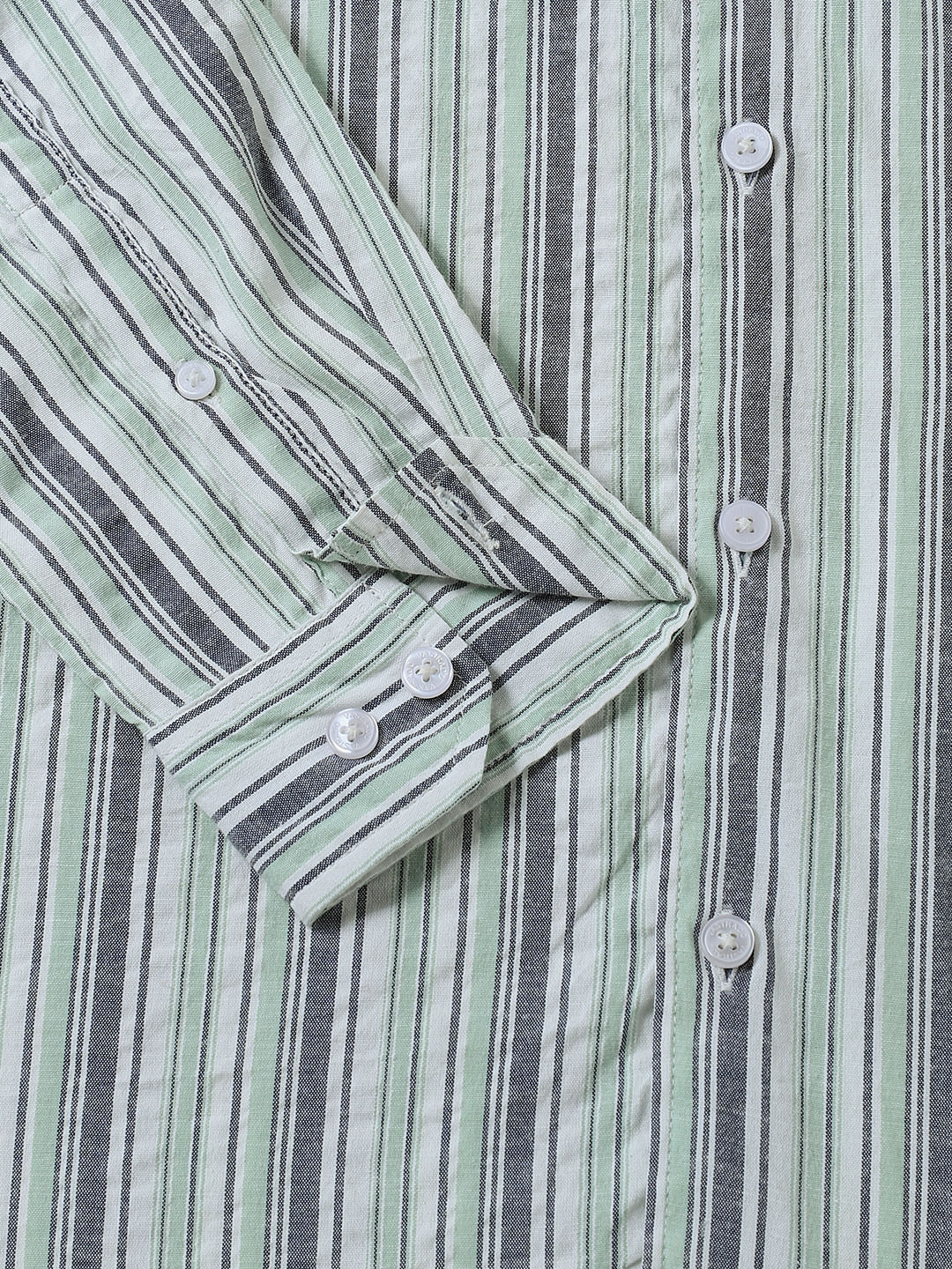 Green Striped Mandarin Collar Shirt