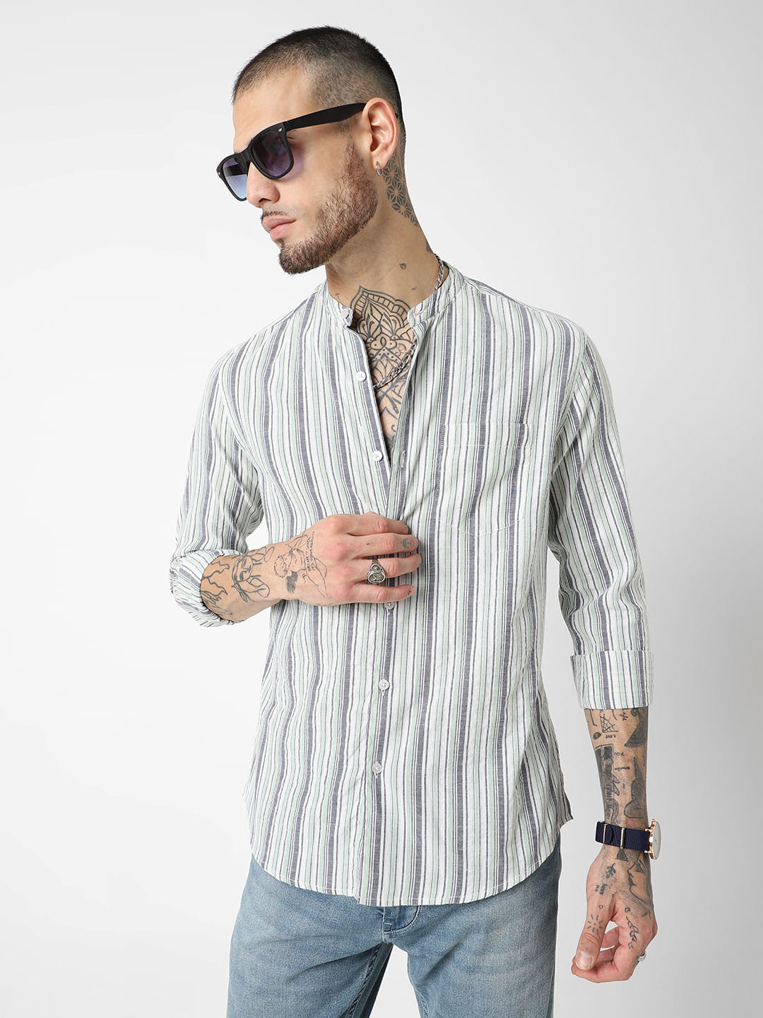 Green Striped Mandarin Collar Shirt