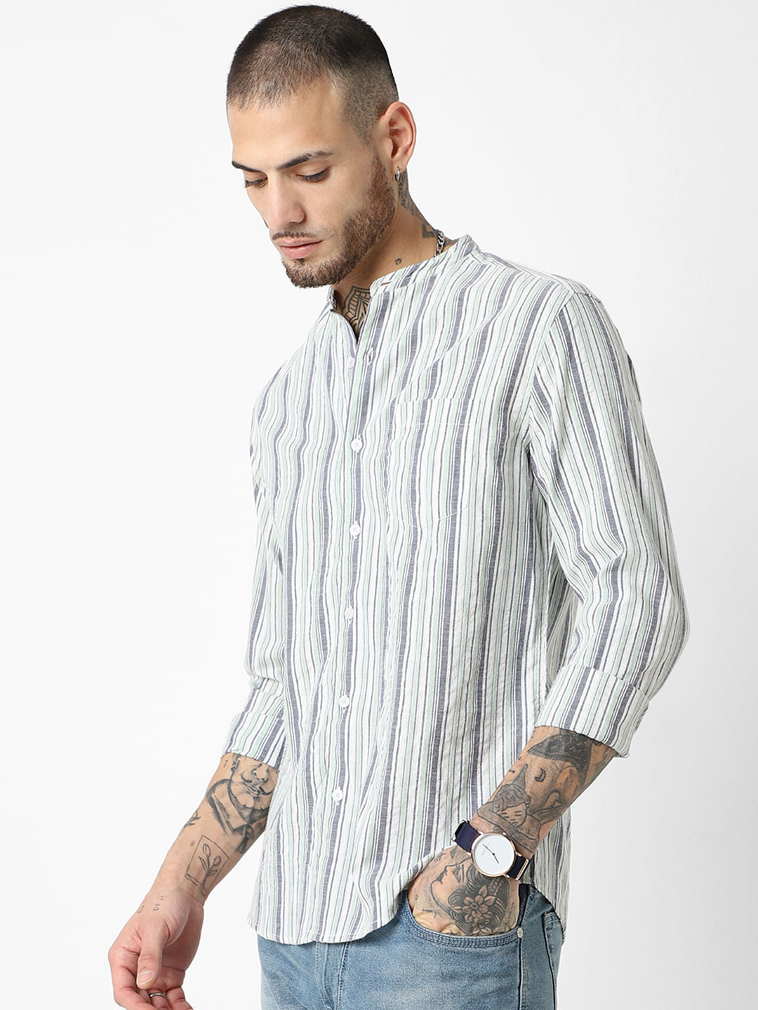 Green Striped Mandarin Collar Shirt