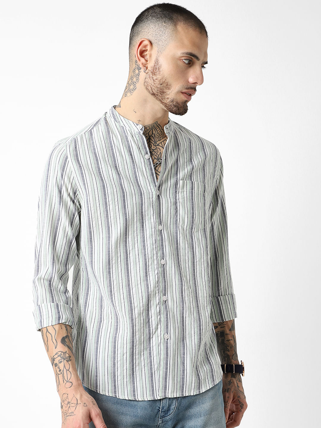 Green Striped Mandarin Collar Shirt