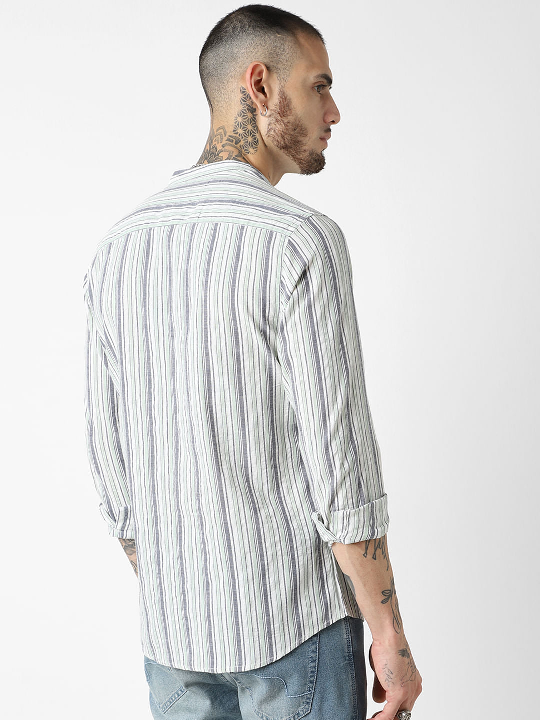 Green Striped Mandarin Collar Shirt