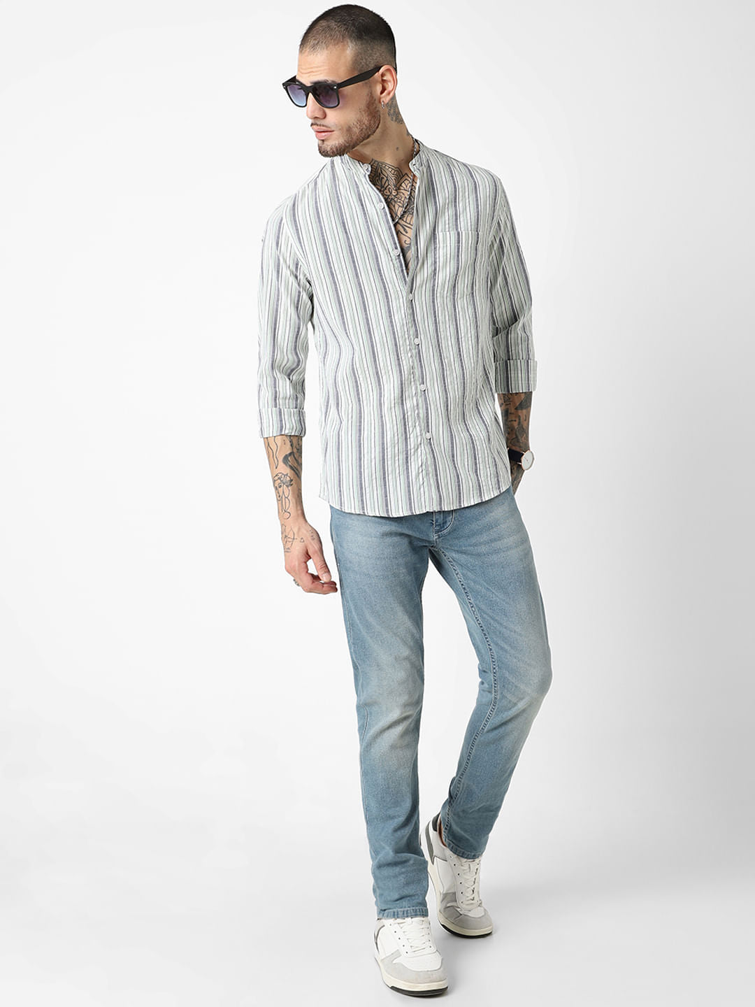 Green Striped Mandarin Collar Shirt