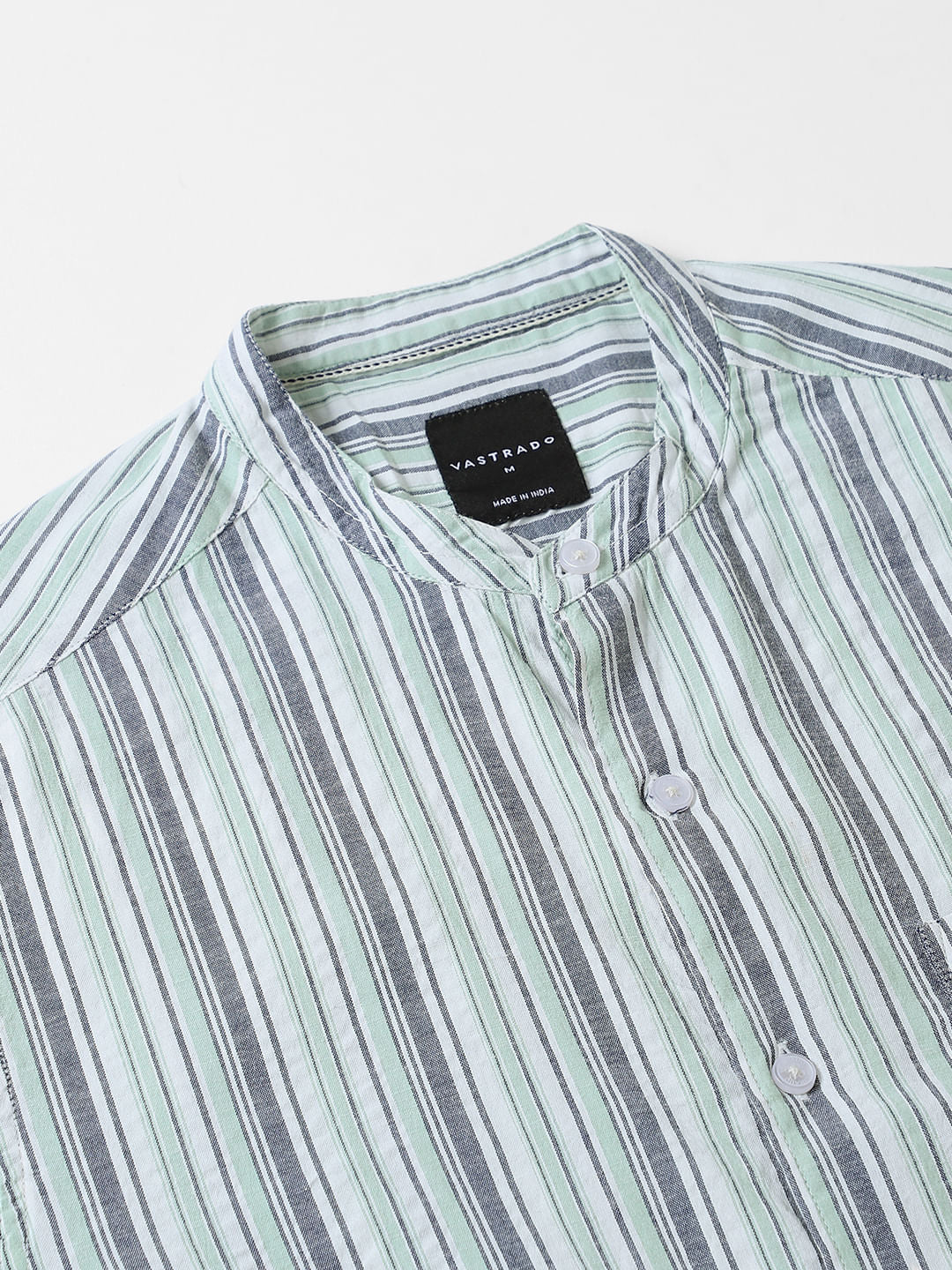 Green Striped Mandarin Collar Shirt