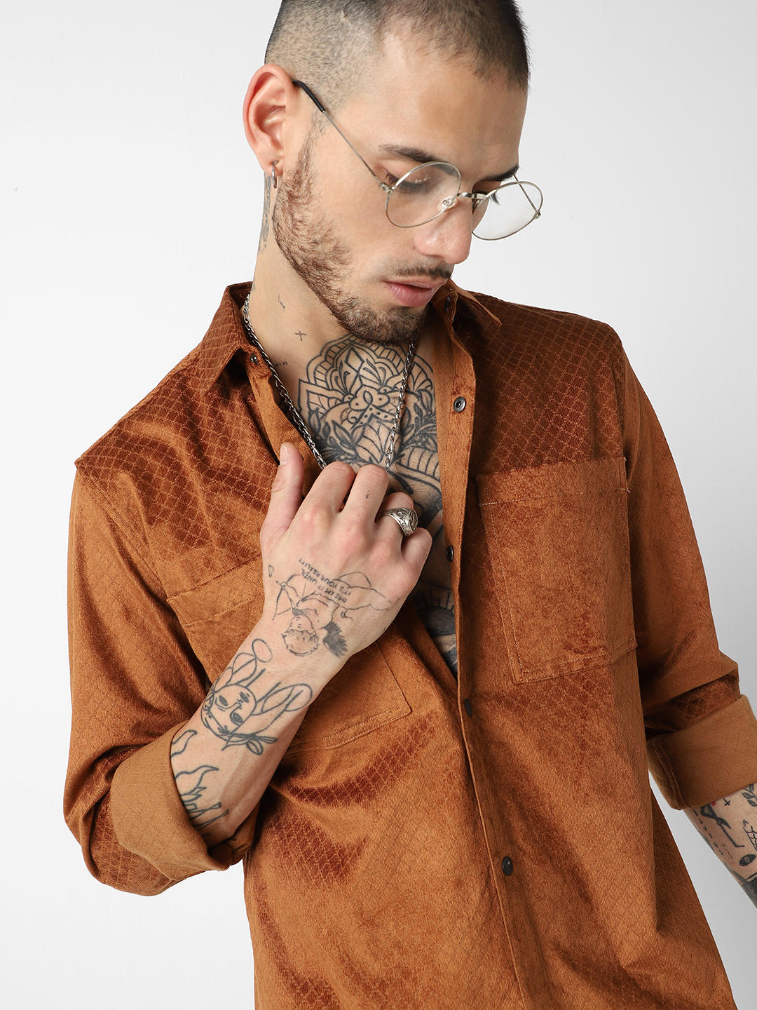 Brown Self-Design Double Pocket Corduroy Shirt