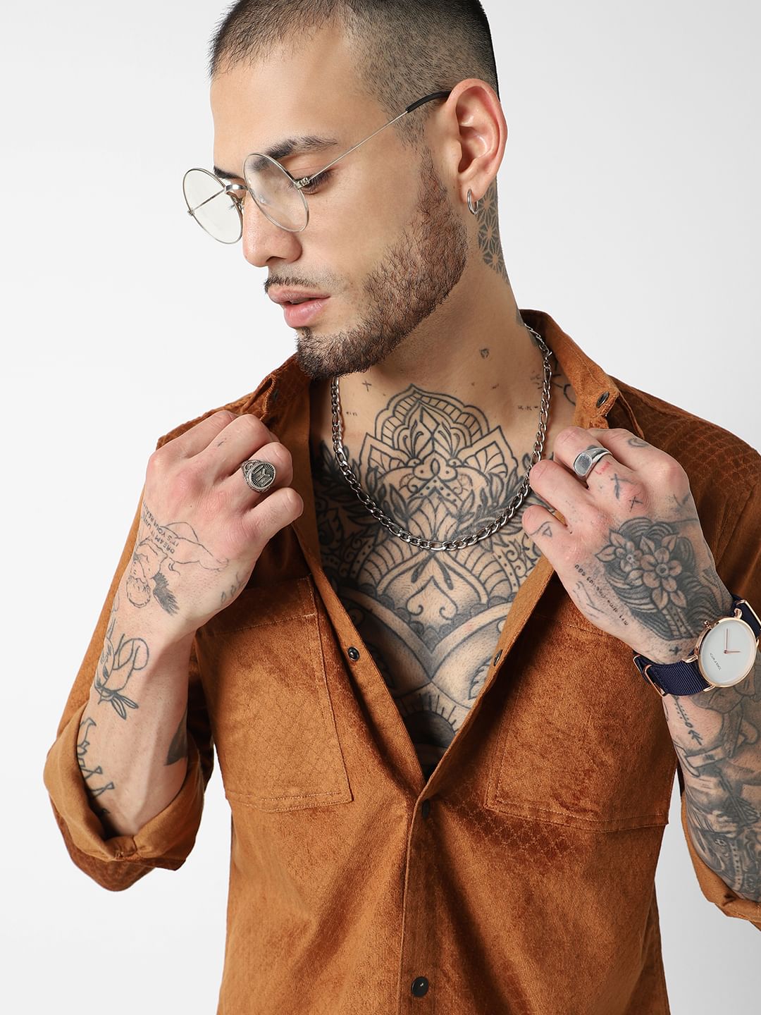 Brown Self-Design Double Pocket Corduroy Shirt
