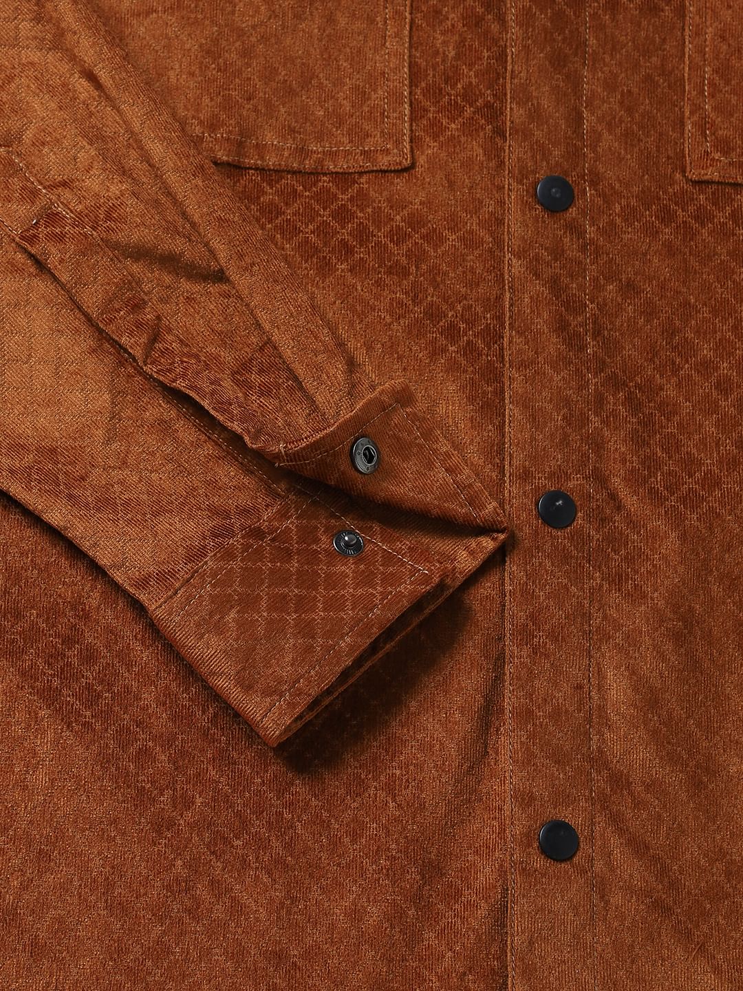 Brown Self-Design Double Pocket Corduroy Shirt