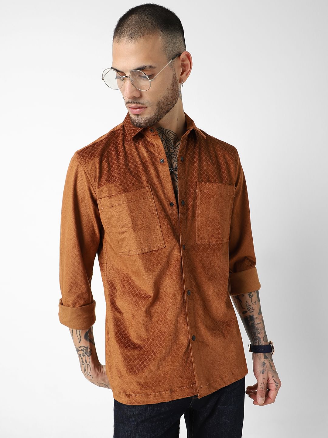Brown Self-Design Double Pocket Corduroy Shirt