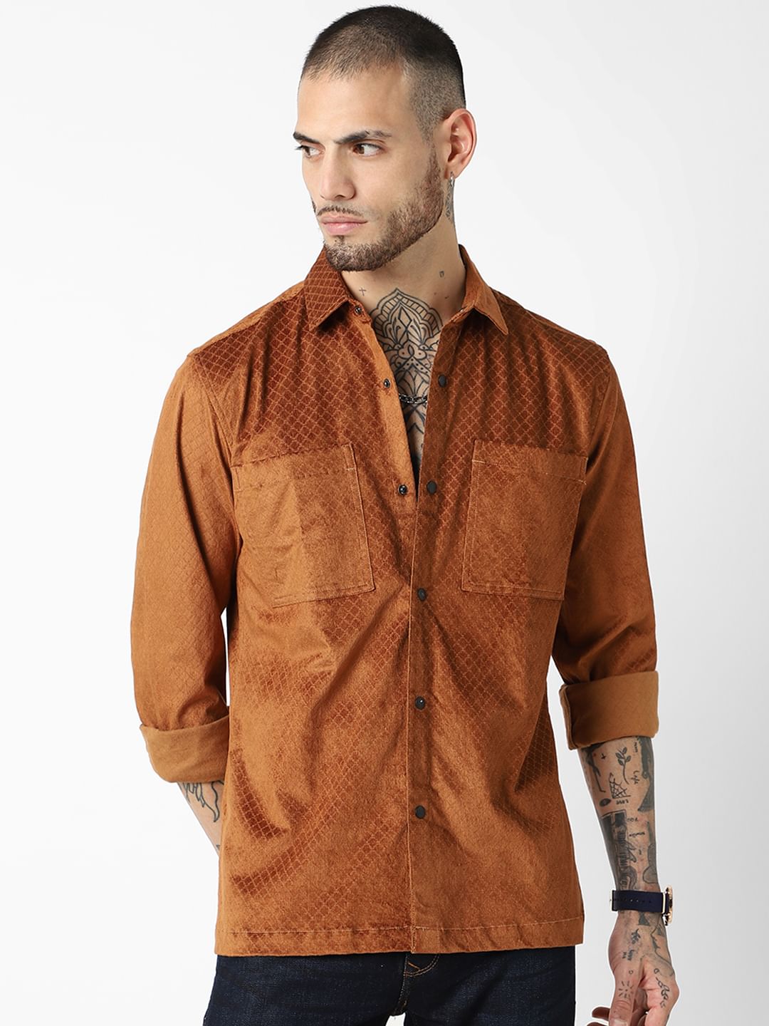 Brown Self-Design Double Pocket Corduroy Shirt