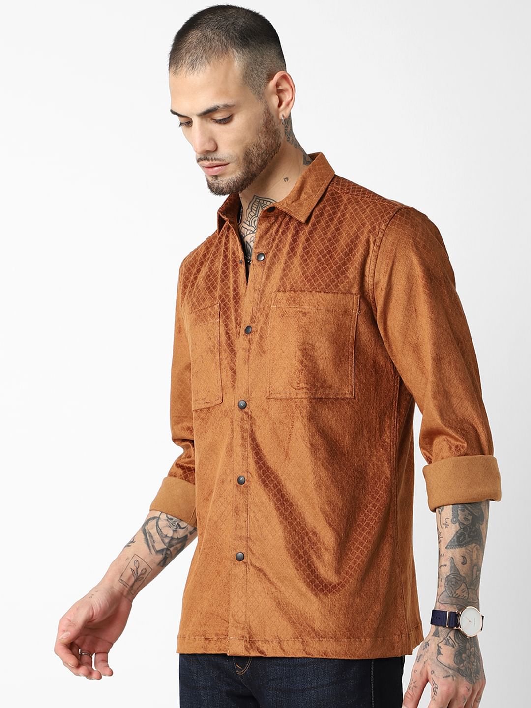 Brown Self-Design Double Pocket Corduroy Shirt