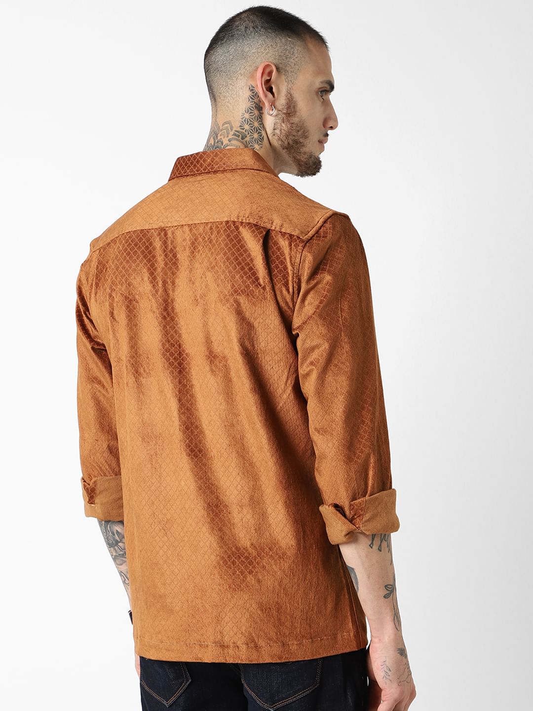 Brown Self-Design Double Pocket Corduroy Shirt