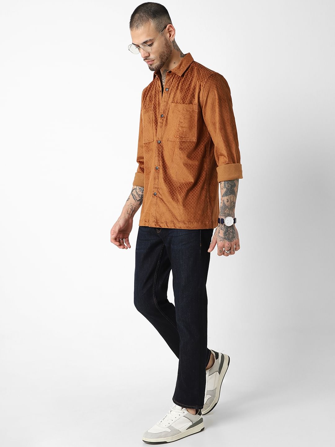 Brown Self-Design Double Pocket Corduroy Shirt