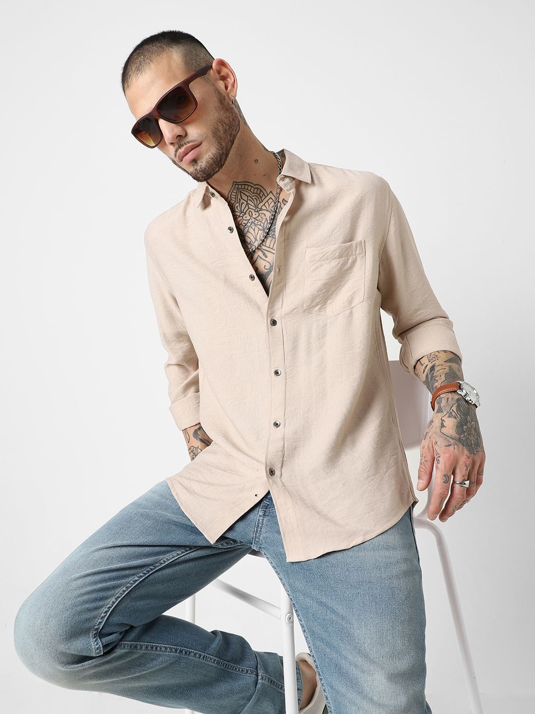 Premium Italian Linen Beige Crinkle Shirt